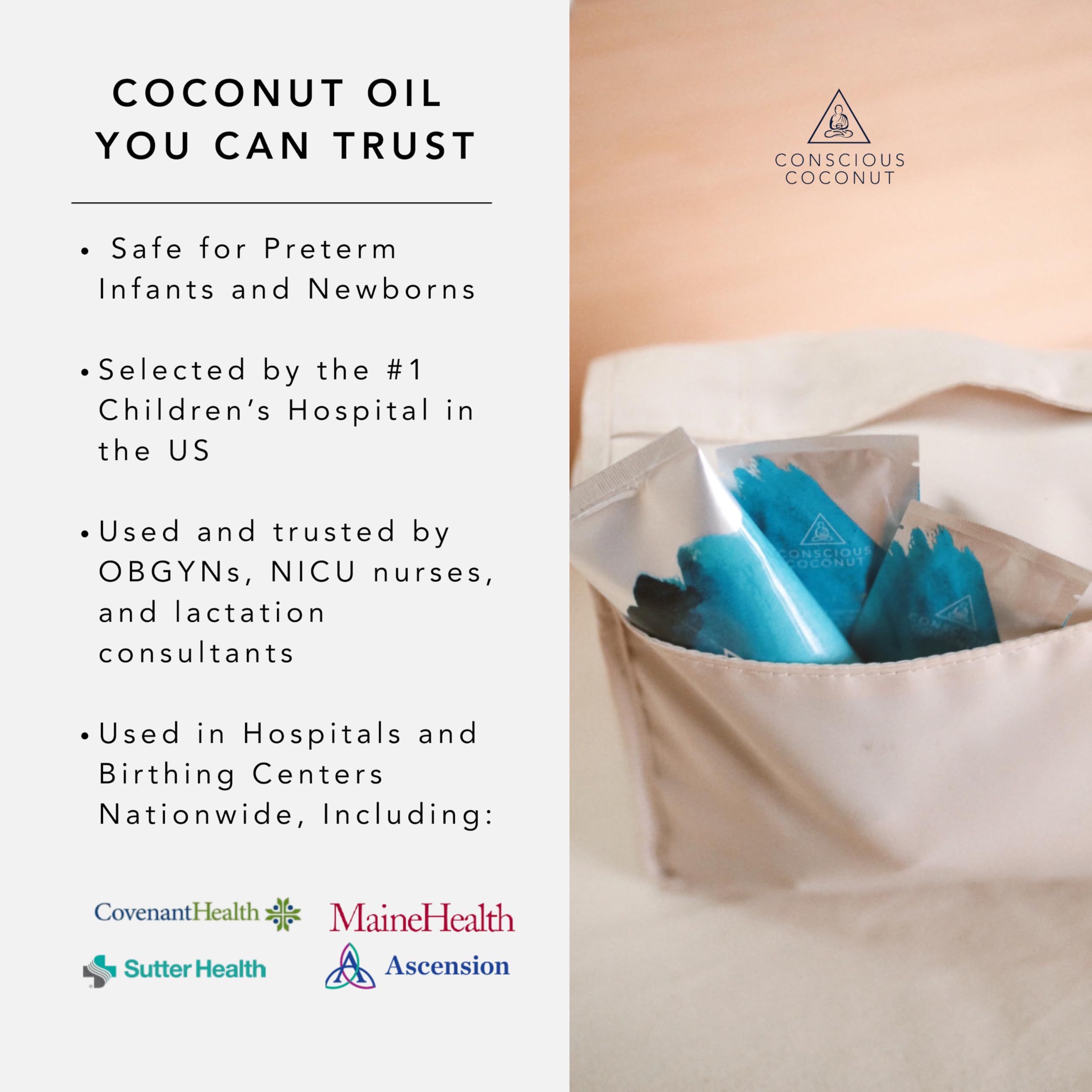 Conscious Coconut single packet opened with oil dispensed for easy application
