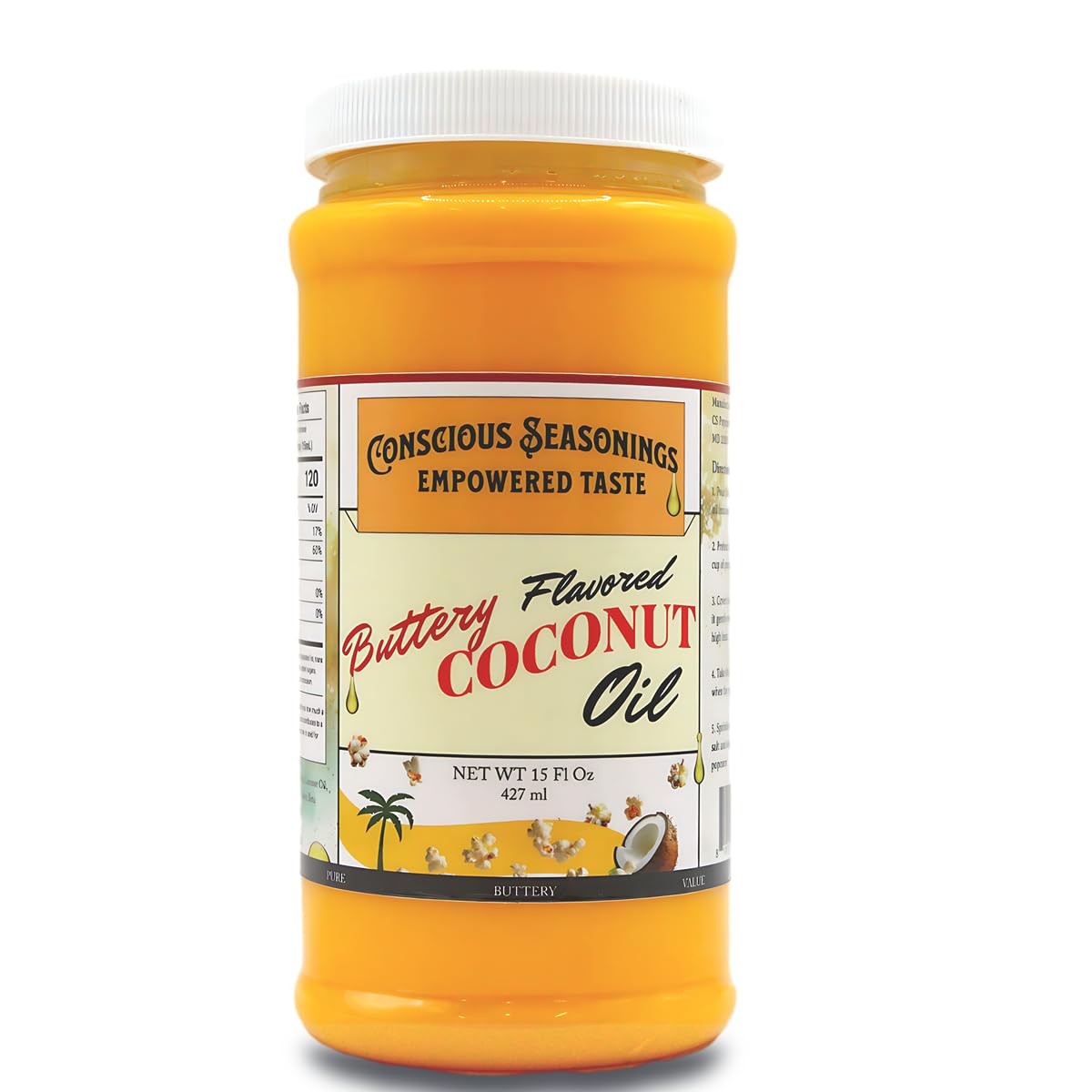 CONSCIOUS SEASONINGS front label showing buttery popcorn flavor and benefits