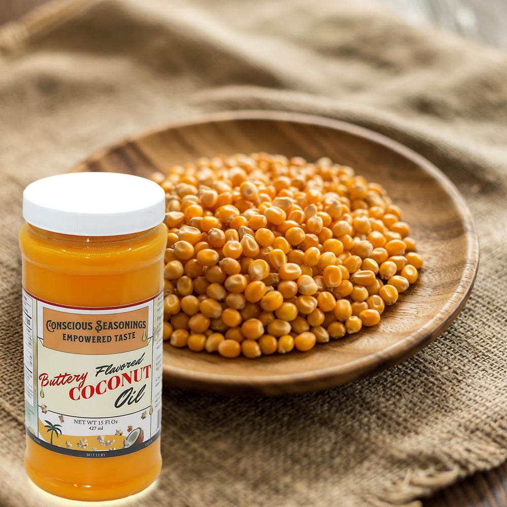 CONSCIOUS SEASONINGS oil pouring from bottle to coat popcorn for rich taste