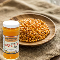 CONSCIOUS SEASONINGS oil pouring from bottle to coat popcorn for rich taste