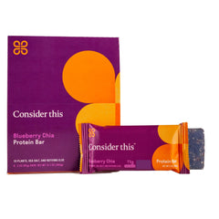 Consider This front packaging showing blueberry bar and allergy claims, promotes safe choice