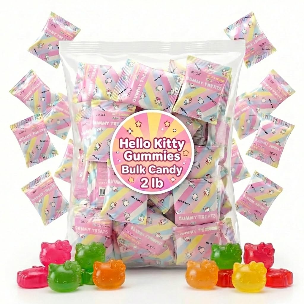 Cookie Dough Bites front packaging showing Hello Kitty gummies and resealable bag benefits