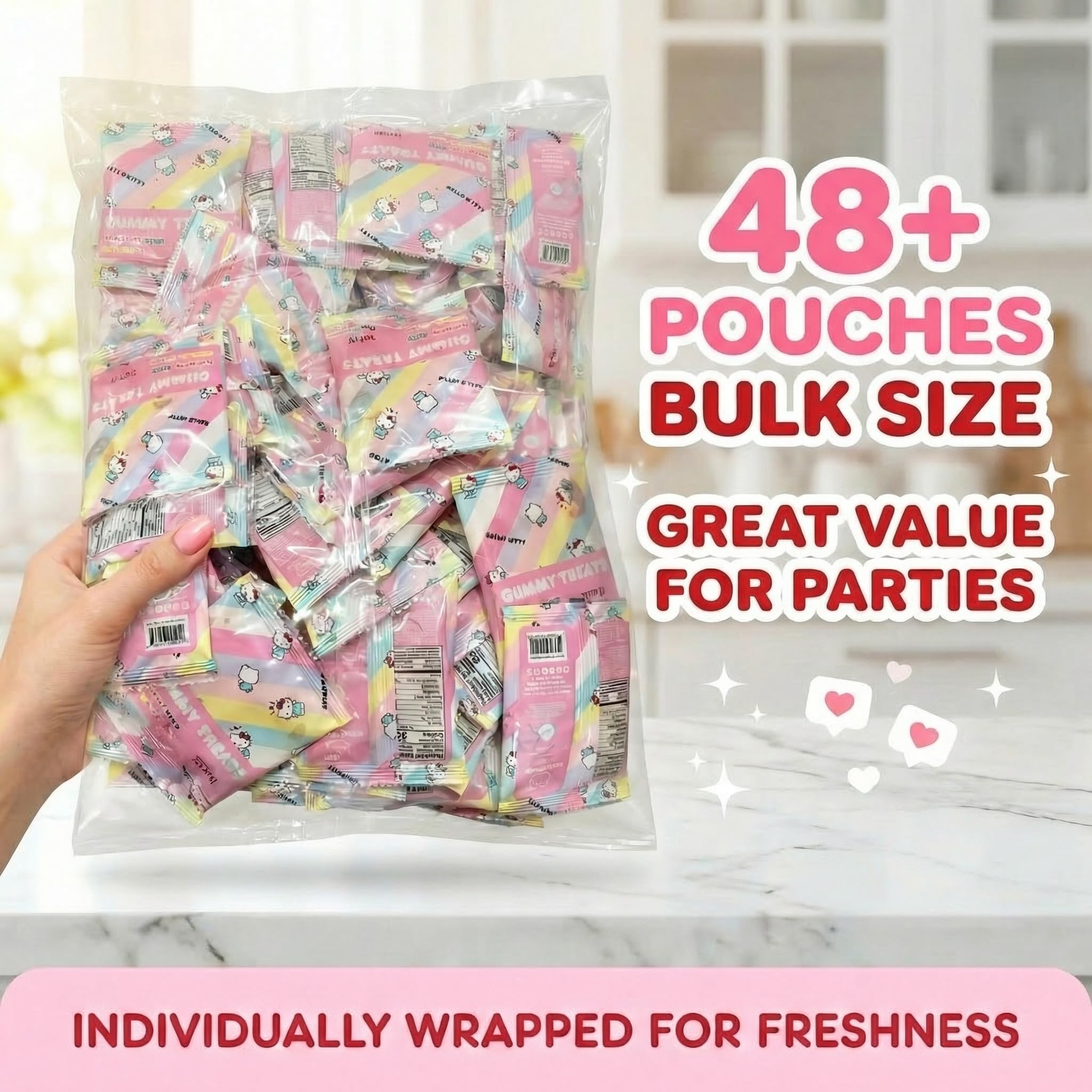 Cookie Dough Bites open 2 lb bag with assorted Hello Kitty gummies ready to serve