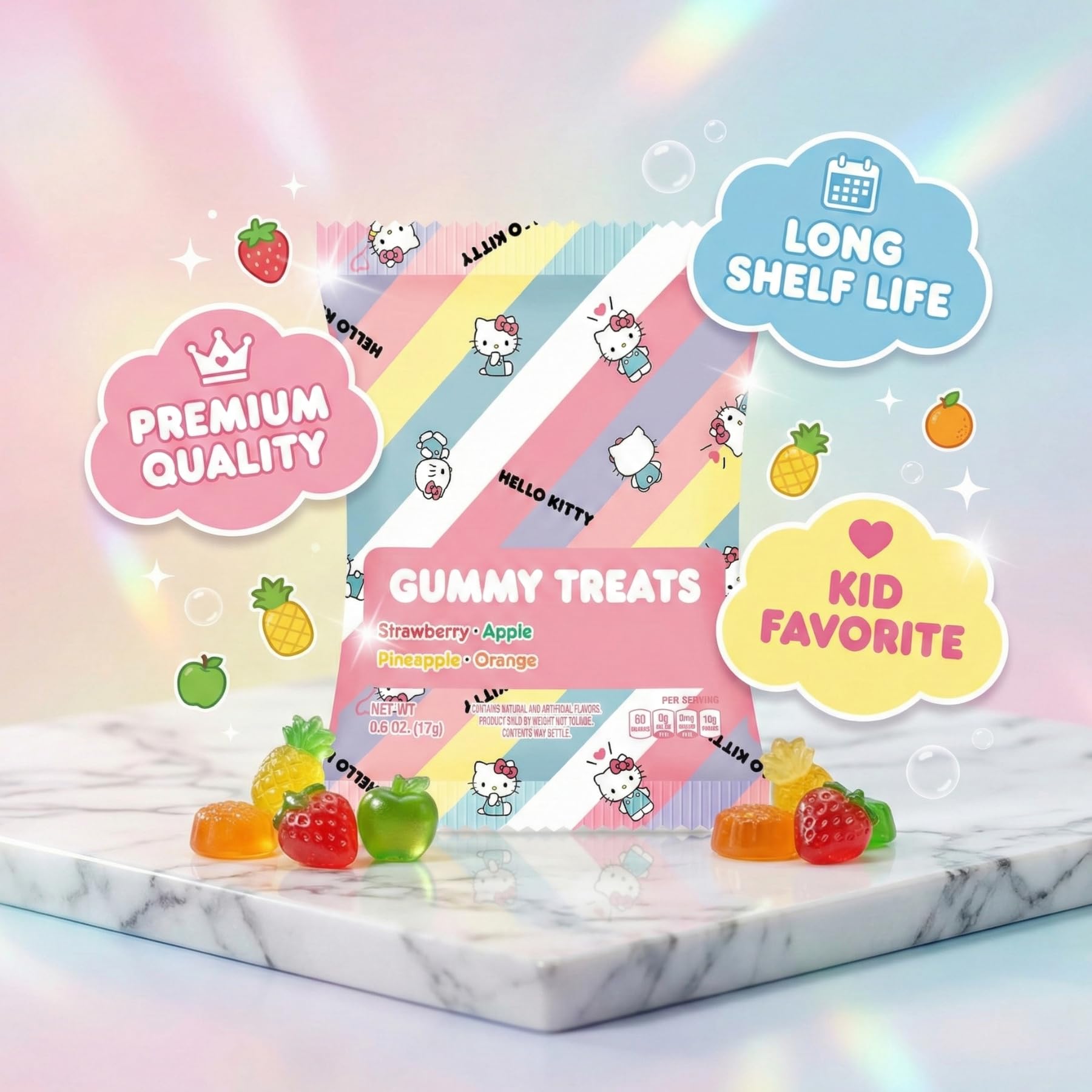 Cookie Dough Bites bowl of Hello Kitty gummies staged for party-ready presentation