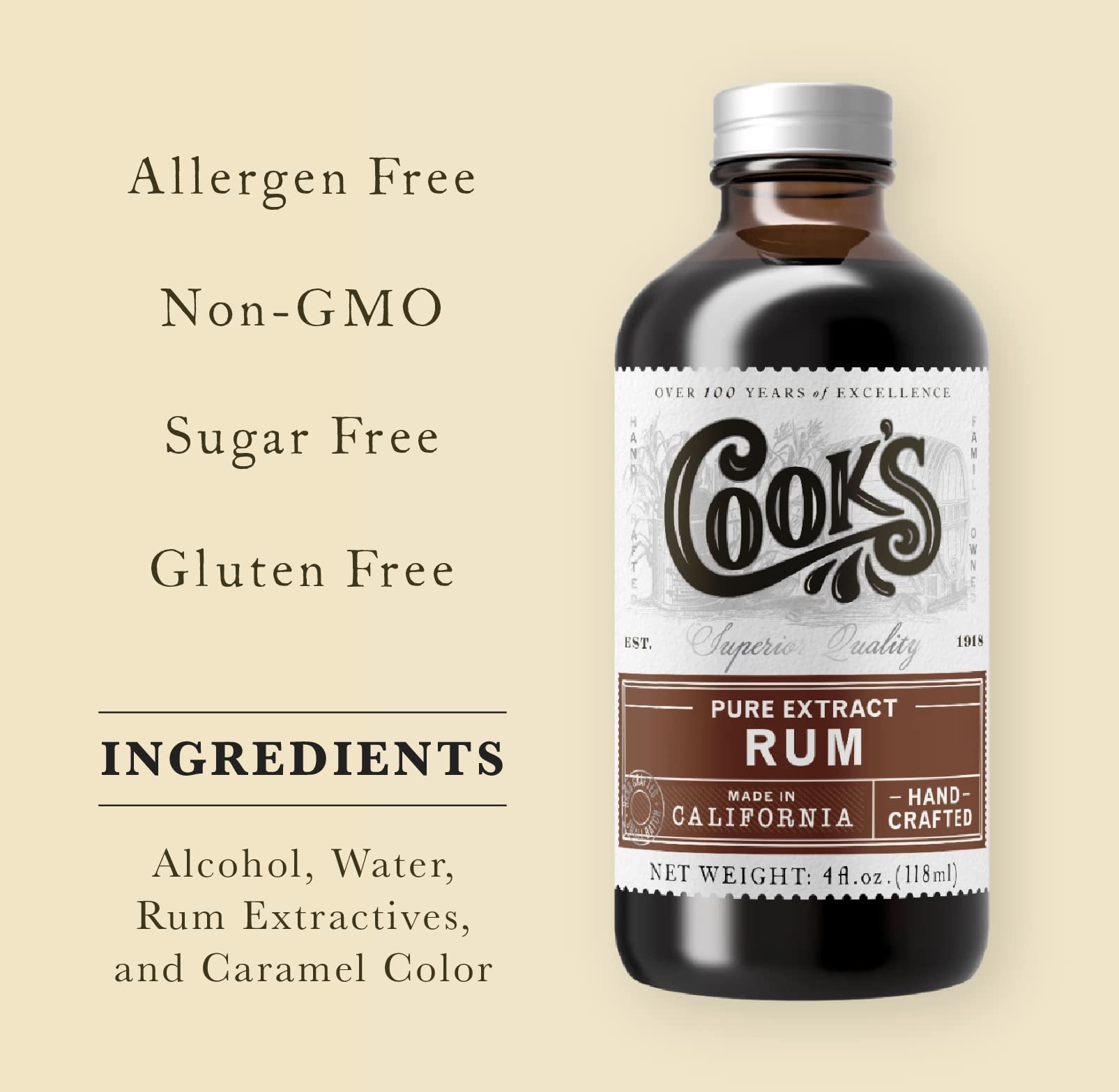 Close-up of COOK'S amber glass bottle highlighting seal and glass texture to protect flavor