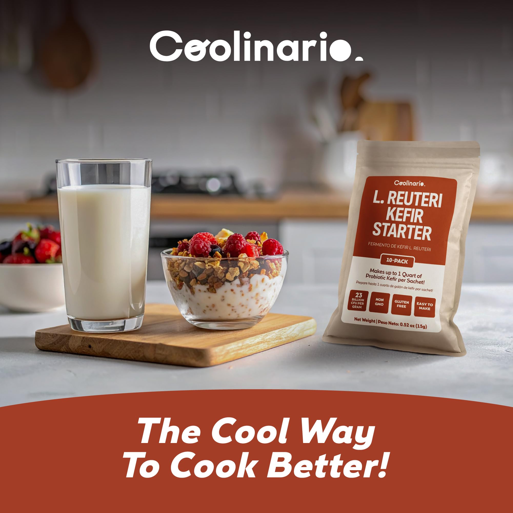 kitchen countertop scene with Coolinario starter and fresh milk illustrating home use
