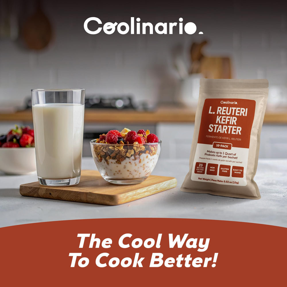 kitchen countertop scene with Coolinario starter and fresh milk illustrating home use
