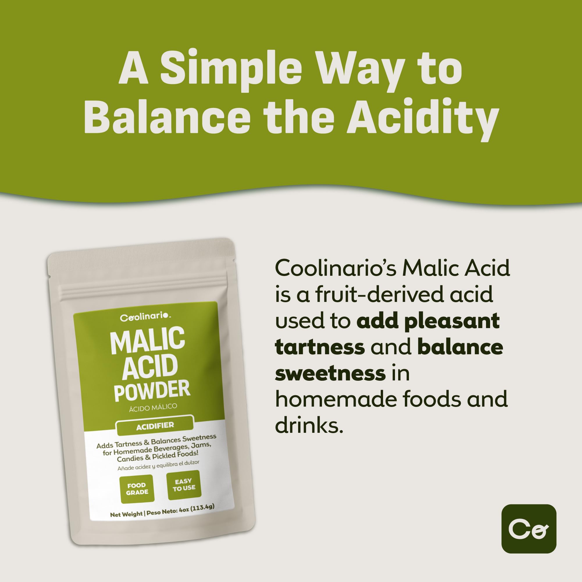 Coolinario malic acid powder close-up texture showing fine granules for easy dissolving