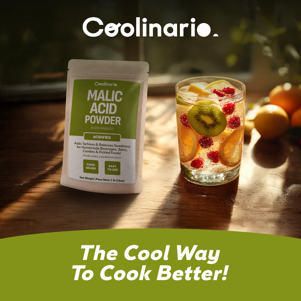 Coolinario malic acid storage bottle with label showing proper cool dry storage