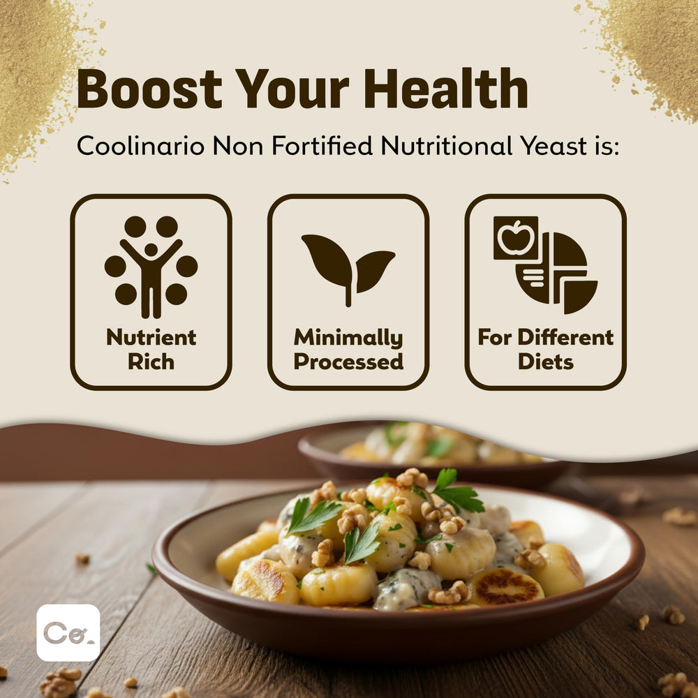 Coolinario flakes sprinkled on pasta adding cheesy savory flavor benefit