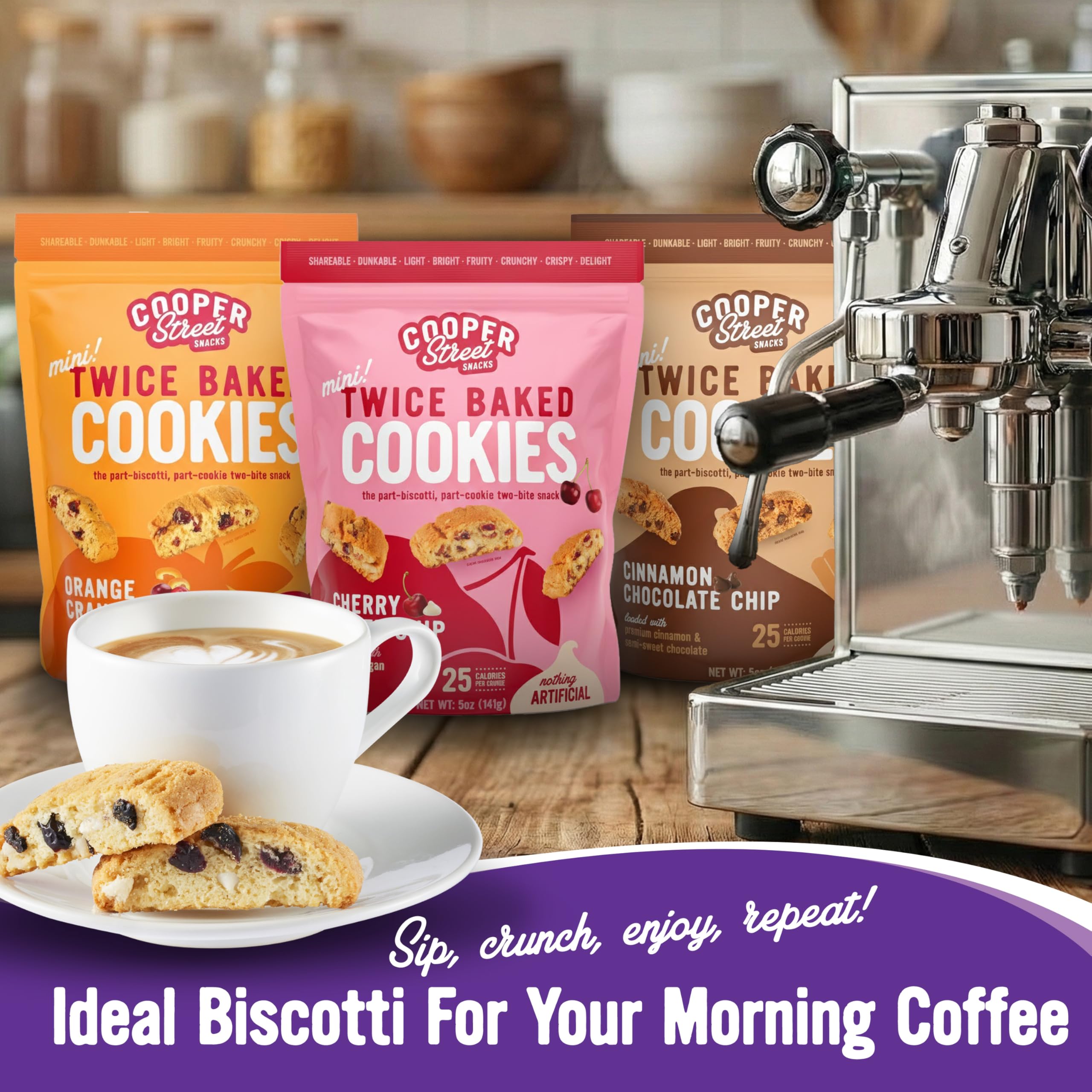 COOPER STREET biscotti being dipped in coffee to soften and enhance flavor