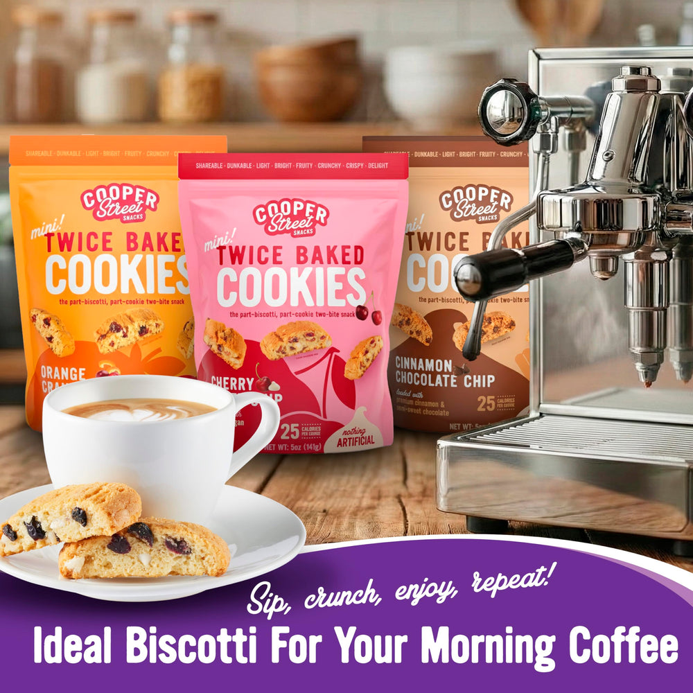 COOPER STREET biscotti being dipped in coffee to soften and enhance flavor