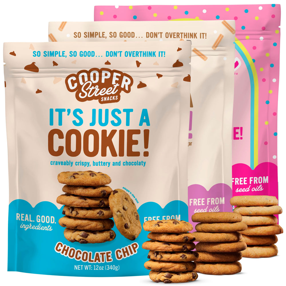 COOPER STREET front packaging showing three 12 oz resealable bags and flavor names for easy selection