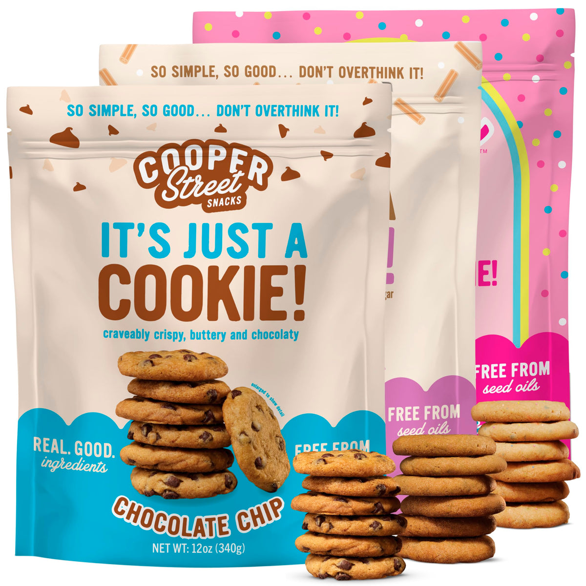 COOPER STREET front packaging showing three 12 oz resealable bags and flavor names for easy selection