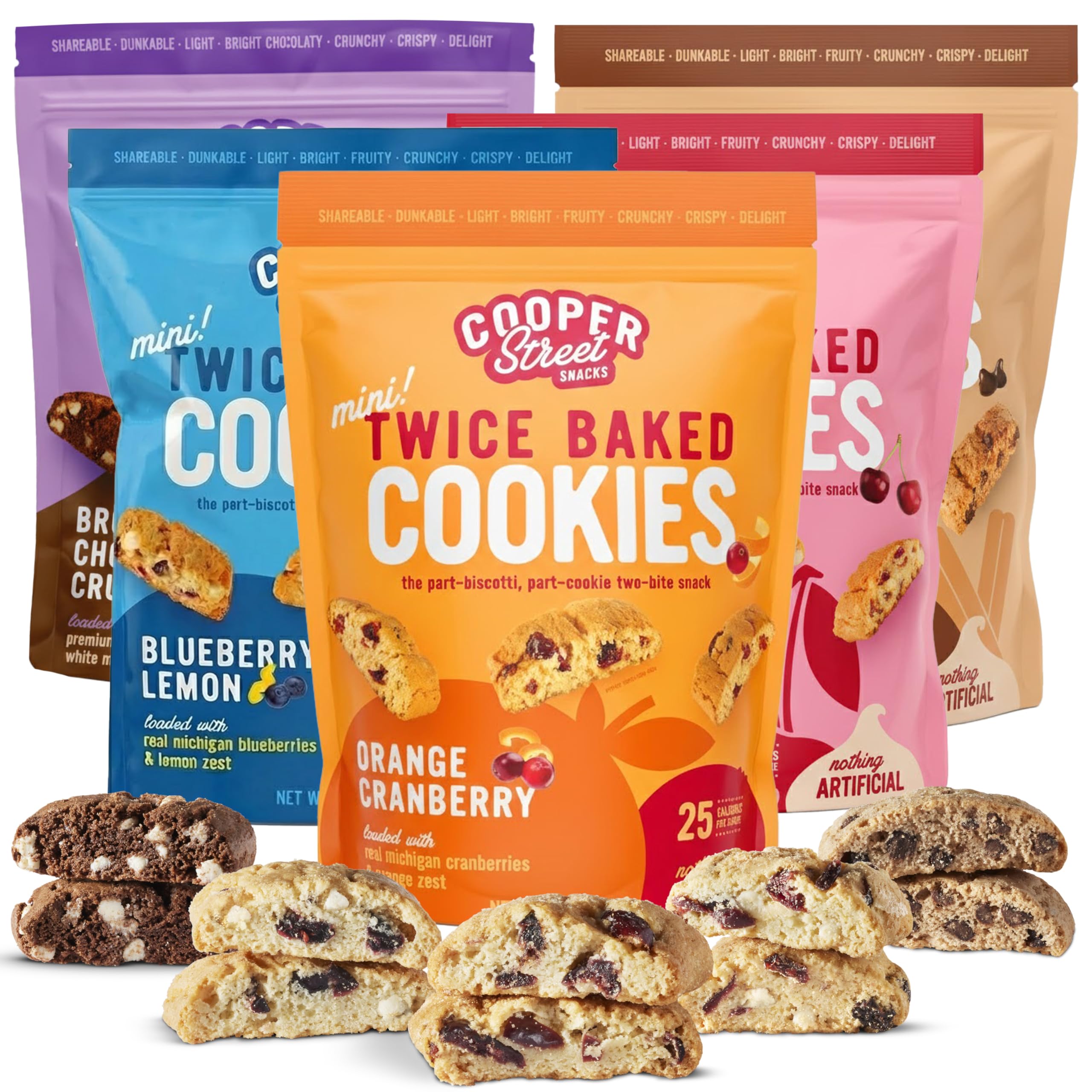 COOPER STREET front packaging showing all four mini biscotti flavors and freshness