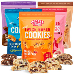 COOPER STREET front packaging showing all four mini biscotti flavors and freshness