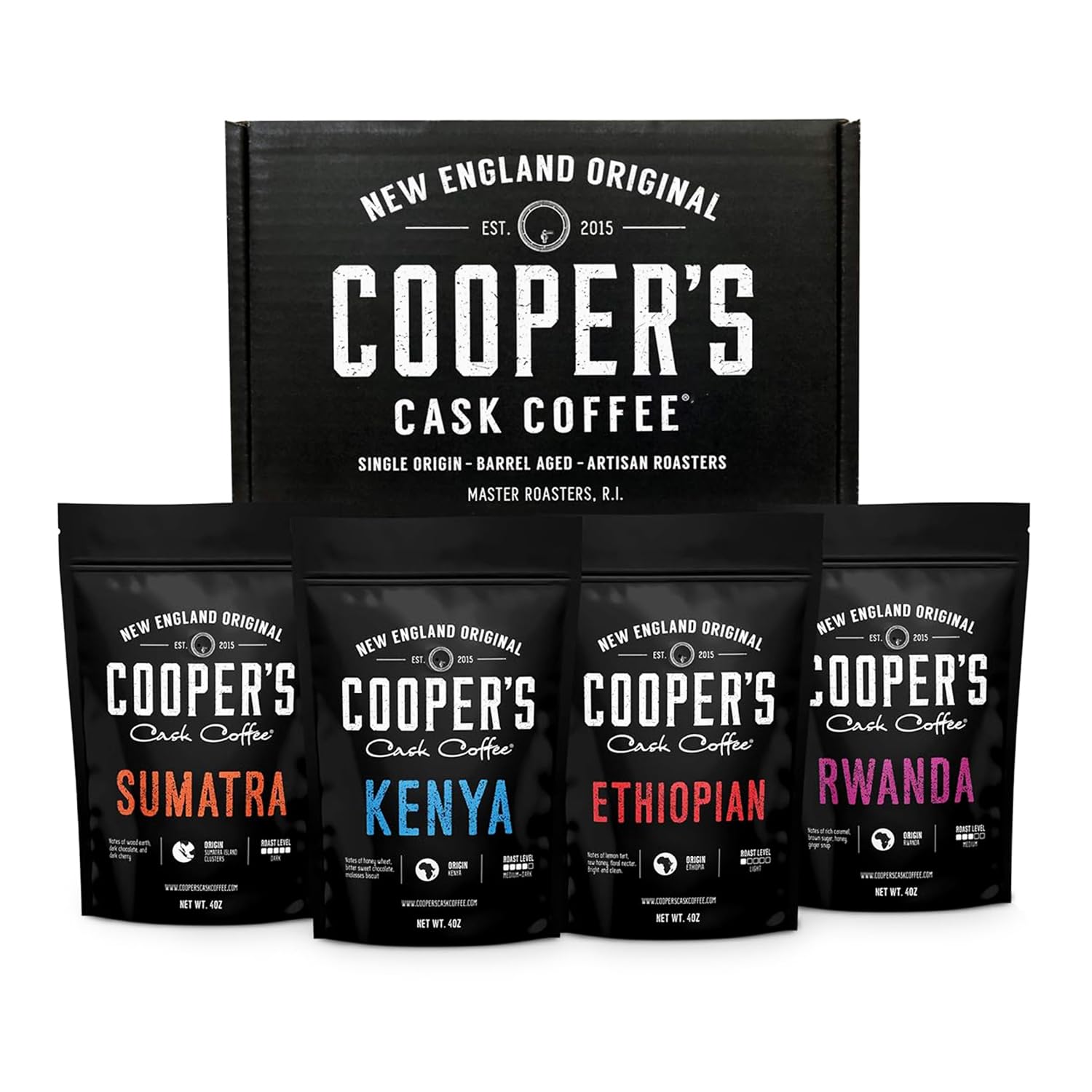 Cooper's Cask box front packaging showing four-bag sampler and gifting appeal