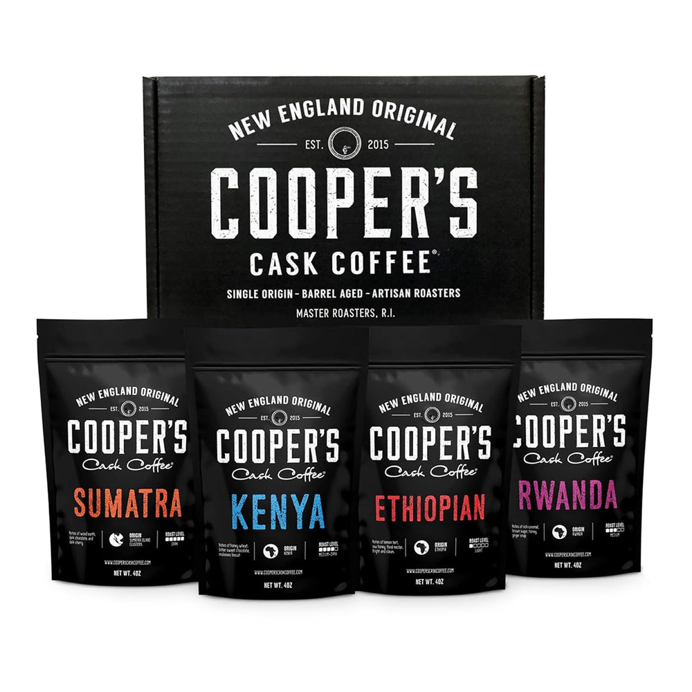 Cooper's Cask box front packaging showing four-bag sampler and gifting appeal