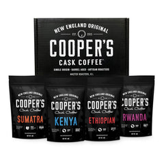 Cooper's Cask box front packaging showing four-bag sampler and gifting appeal