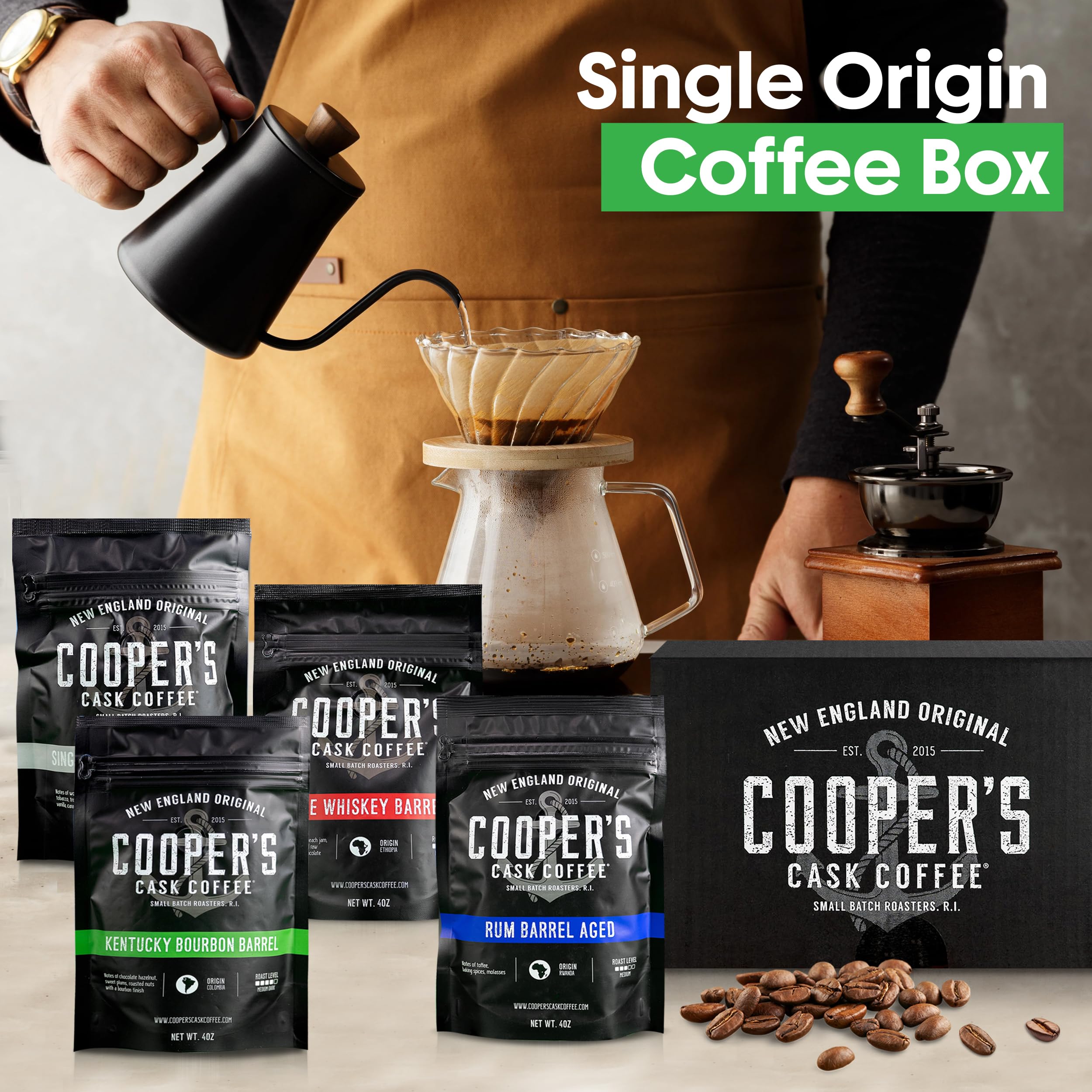 Cooper's Cask gift box on countertop lifestyle shot conveying premium gifting impact