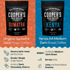 Cooper's Cask Kenya AA beans texture detail showing oily sheen and full body