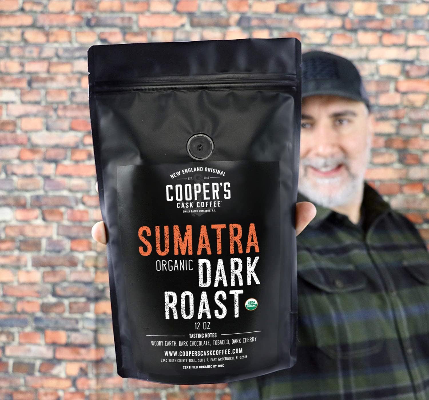 Cooper's Cask label detail on bag showing USDA organic and single-origin benefits