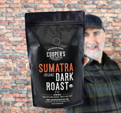Cooper's Cask label detail on bag showing USDA organic and single-origin benefits