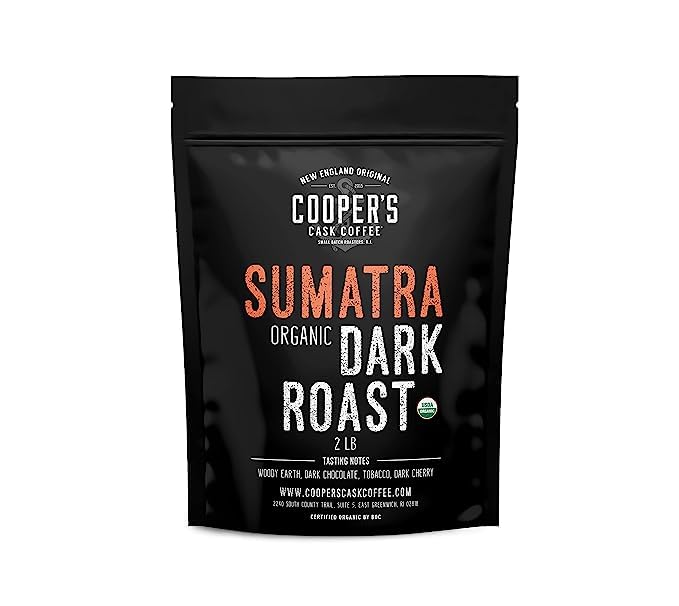Cooper's Cask front packaging showing 2 lb bag and branding, highlights freshness