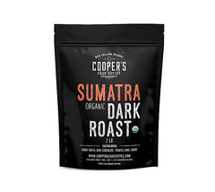 Cooper's Cask front packaging showing 2 lb bag and branding, highlights freshness