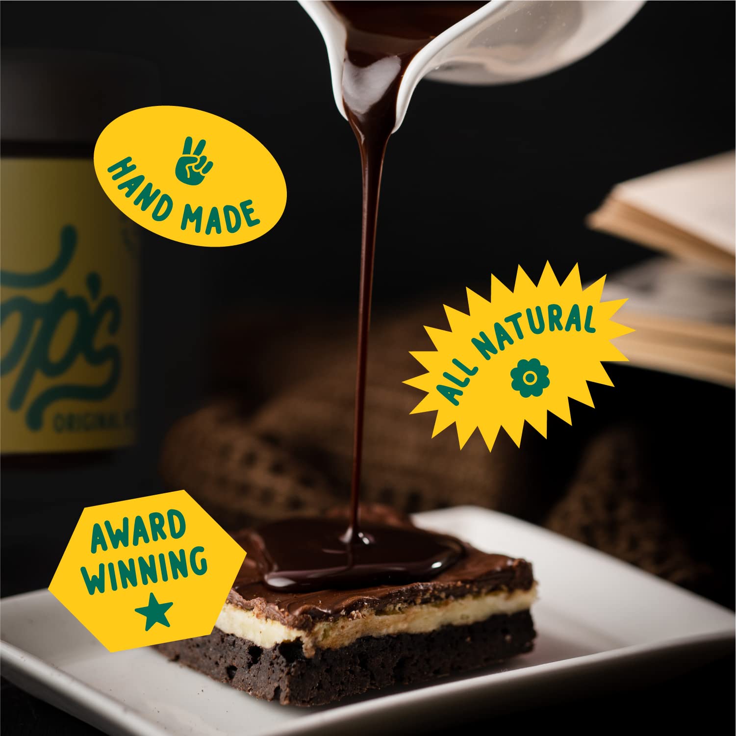 Coop's hot fudge ingredients arranged to highlight natural, organic components