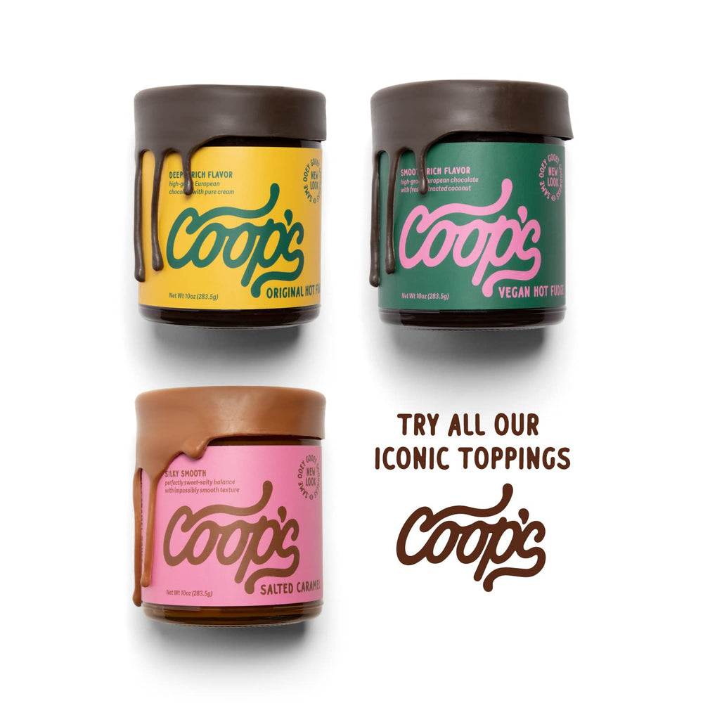 Coop's hot fudge in kitchen setting beside dessert, suggests everyday indulgence