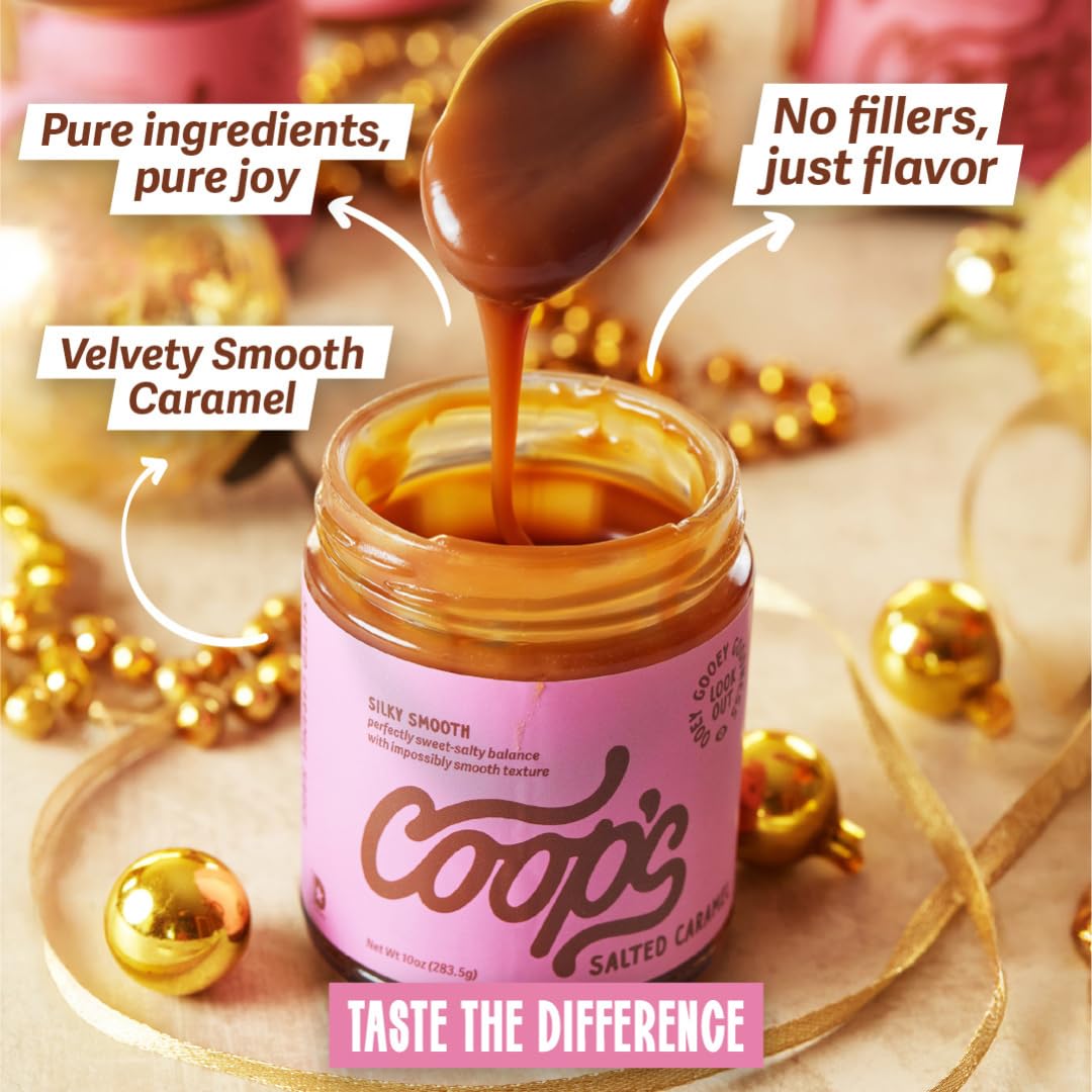 Coop's caramel drizzled over ice cream sundae enhancing dessert appeal