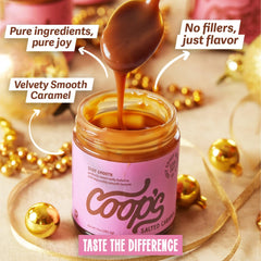 Coop's caramel drizzled over ice cream sundae enhancing dessert appeal