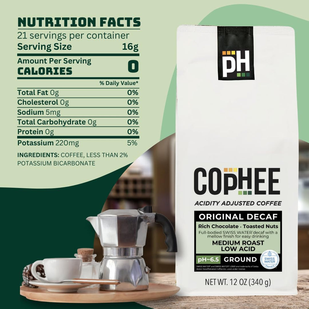 COpHEE bag on breakfast table with cup showing everyday low-acid enjoyment benefit