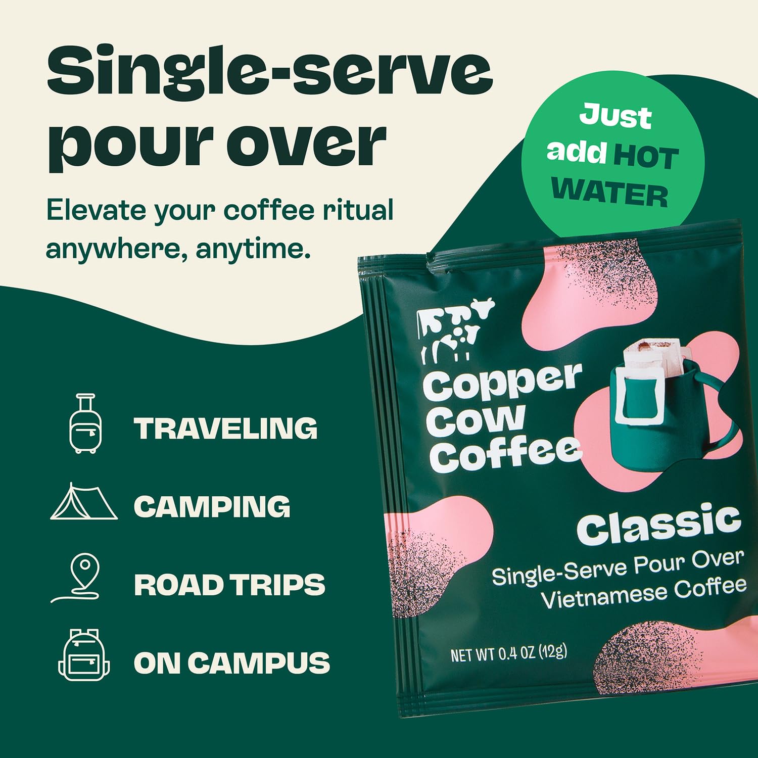 Copper Cow Coffee brewing in cup with steam, fast portable café result