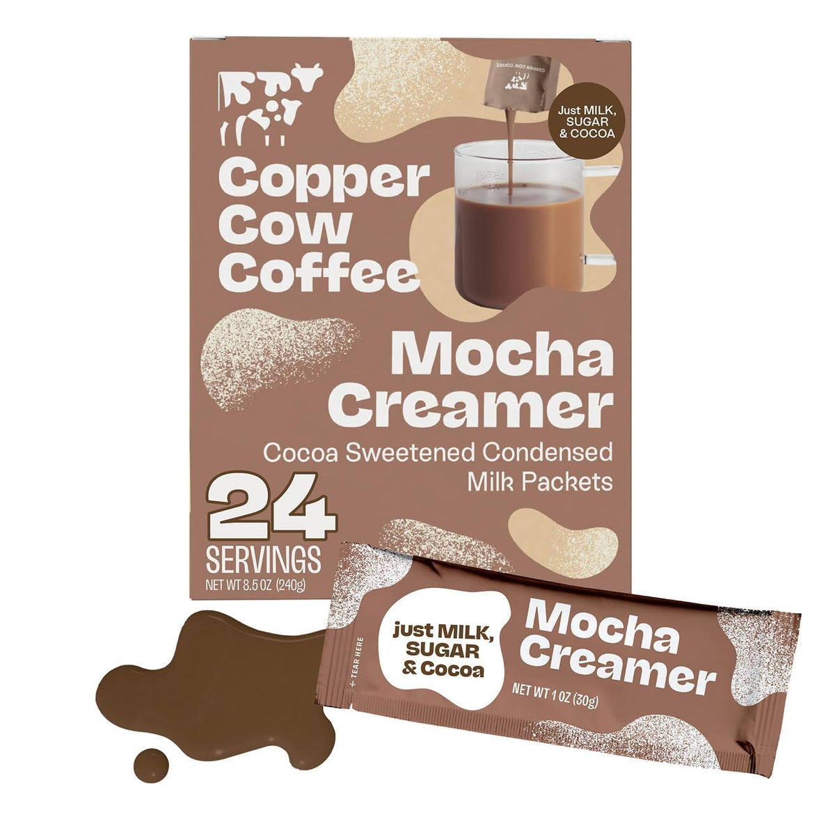 Copper Cow Coffee front packaging showing 24 single-serve mocha creamer packets and branding benefit convenience