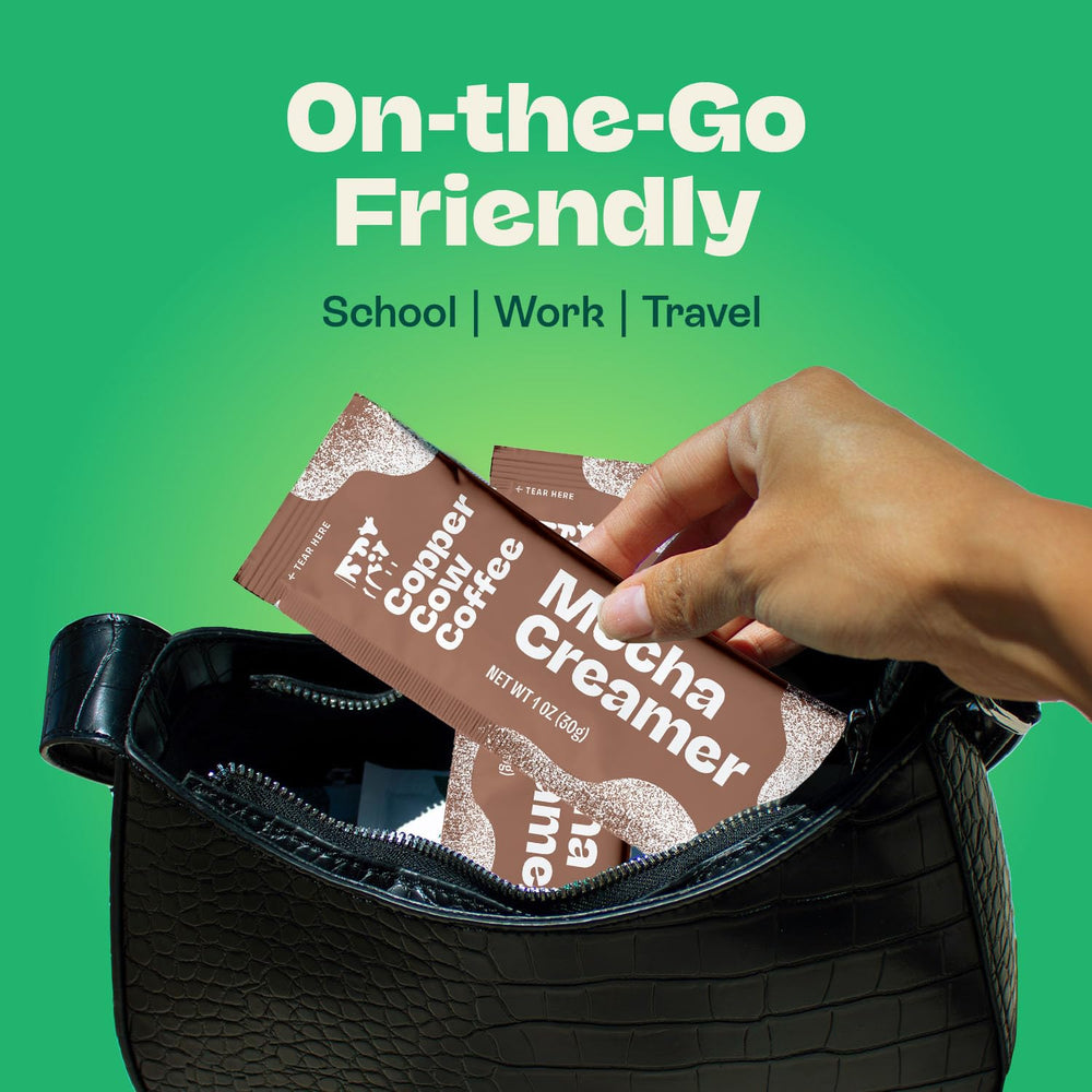 Copper Cow Coffee packet next to a standard coffee mug showing compact single-serve portability