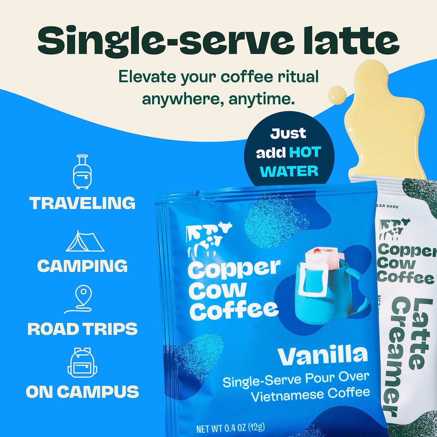 Copper Cow Coffee sweetened condensed creamer cups arranged for single-serve convenience benefit portability