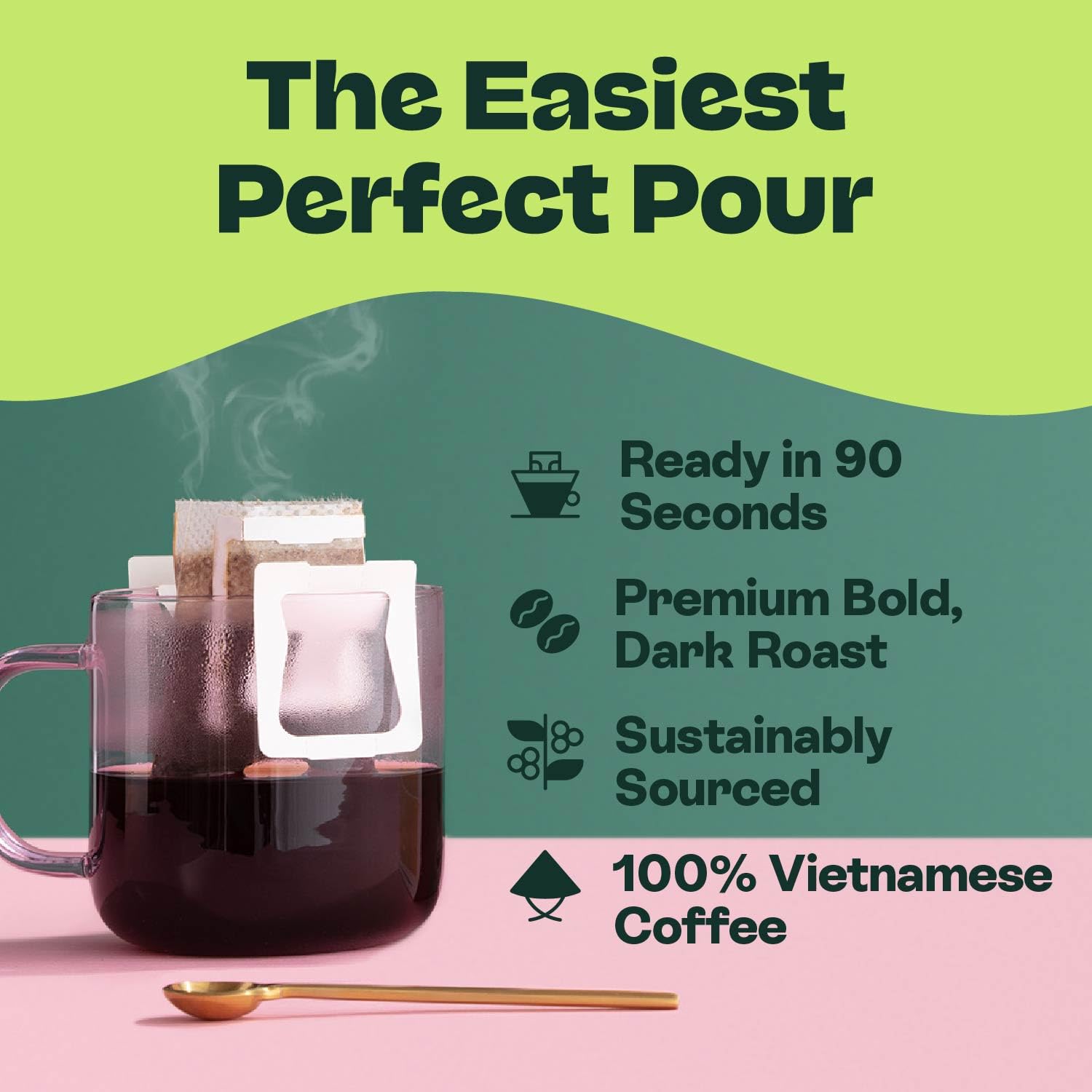 Freshly brewed Copper Cow Coffee decaf pouring into a cup, illustrating bold dark-roast color and aroma