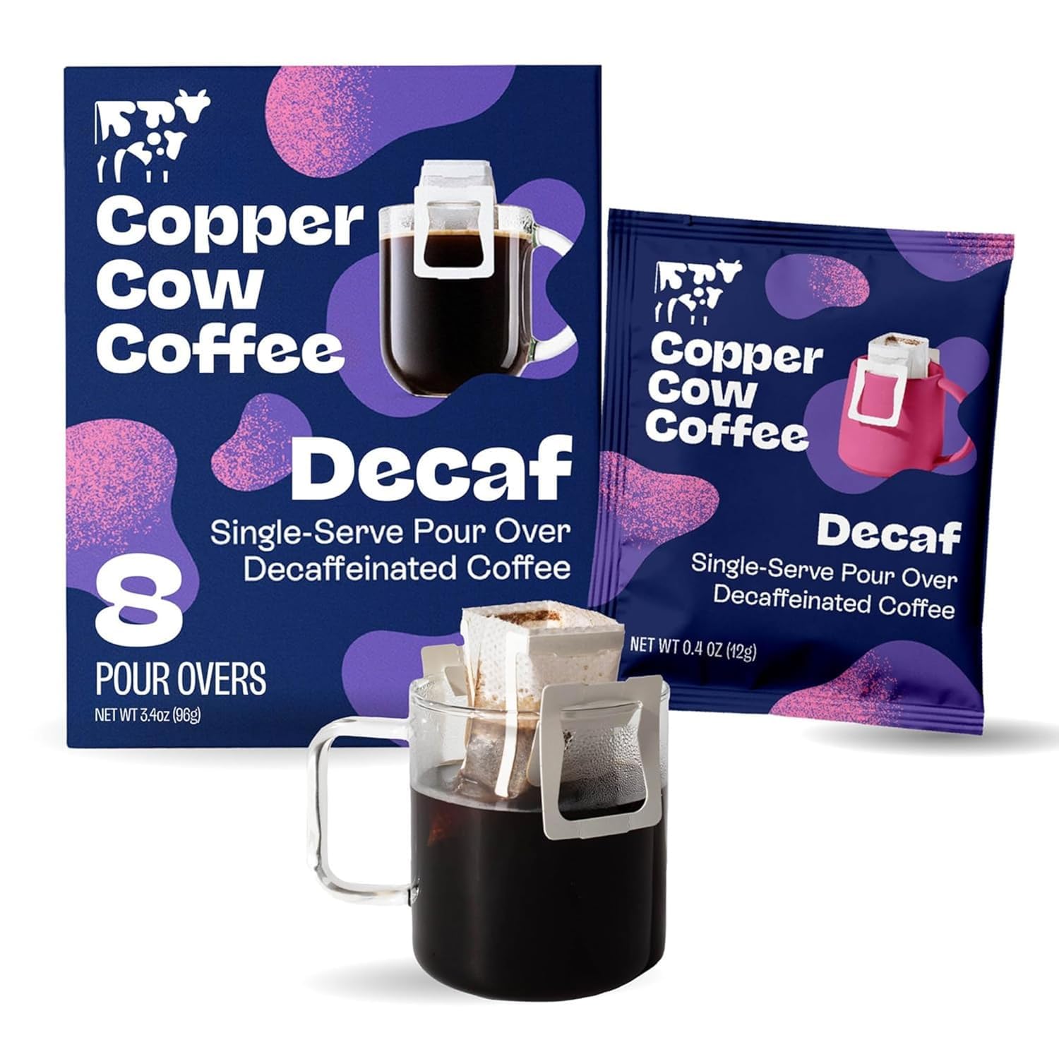 Copper Cow Coffee front packaging showing eight decaf pour-over packets, clear product view for pantry