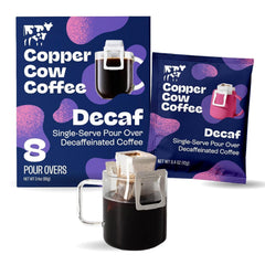 Copper Cow Coffee front packaging showing eight decaf pour-over packets, clear product view for pantry