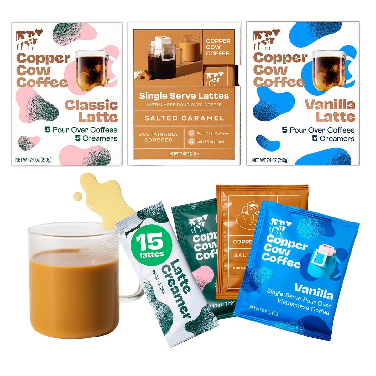 Copper Cow Coffee front packaging showing variety pack and contents benefit convenience