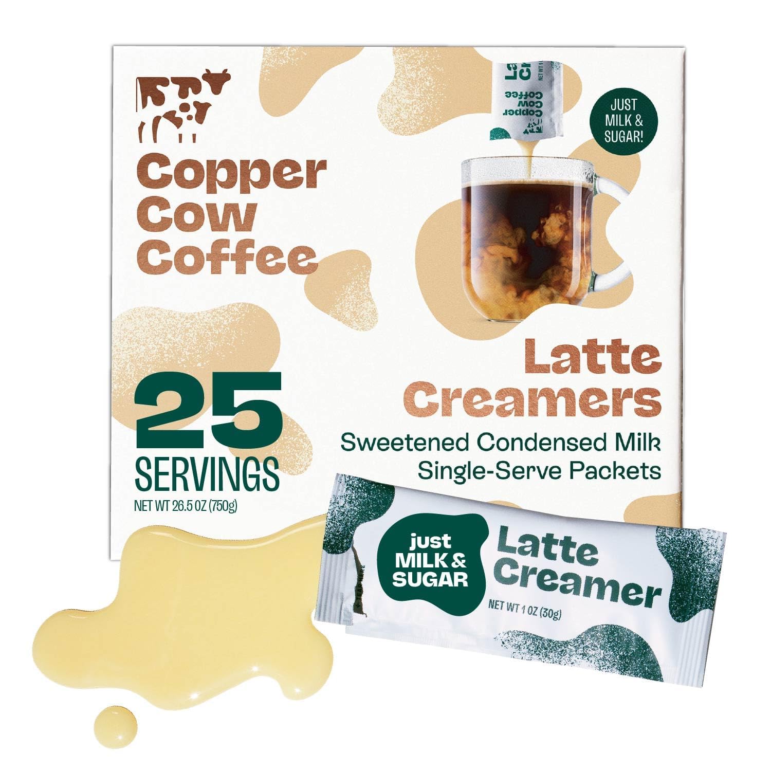 Copper Cow Coffee front packaging showing 25 packets and brand benefit convenience