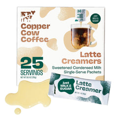 Copper Cow Coffee front packaging showing 25 packets and brand benefit convenience