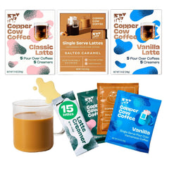 Copper Cow Coffee front packaging showing variety pack and contents benefit convenience