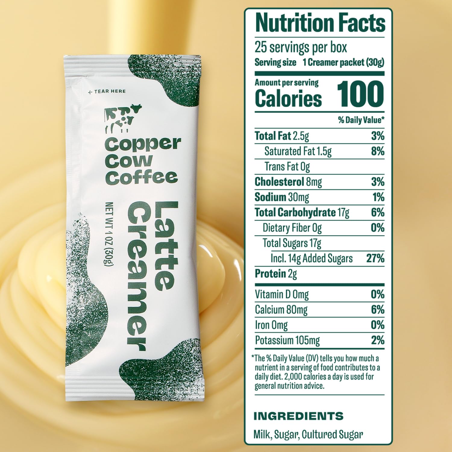Copper Cow Coffee single packet opened on spoon illustrating easy single-serve use