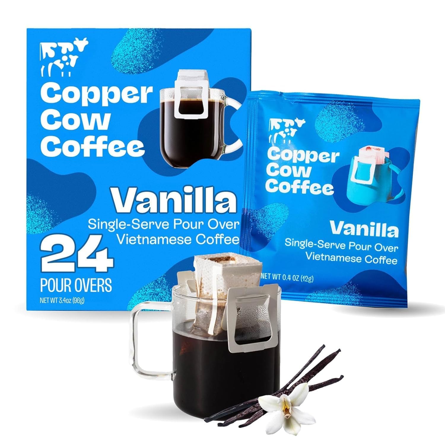 Copper Cow Coffee front packaging showing 24 vanilla pour-over packets for convenience