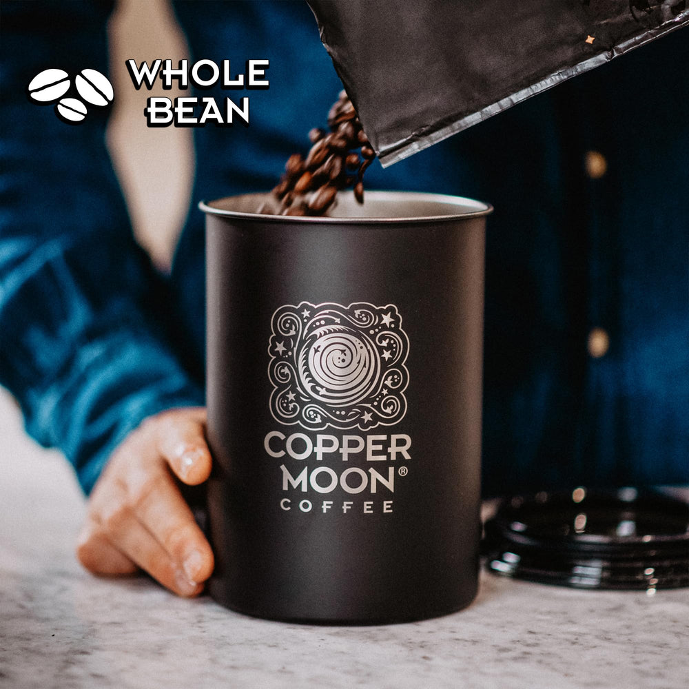 Copper Moon beans beside a scale to show 5 lb quantity and value benefit