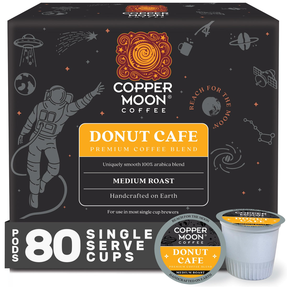 Copper Moon front packaging showing Donut Café medium roast benefits