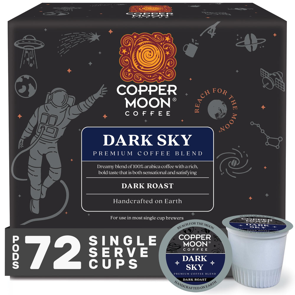 Copper Moon front packaging showing Dark Sky K-Cups and bold branding benefit convenience
